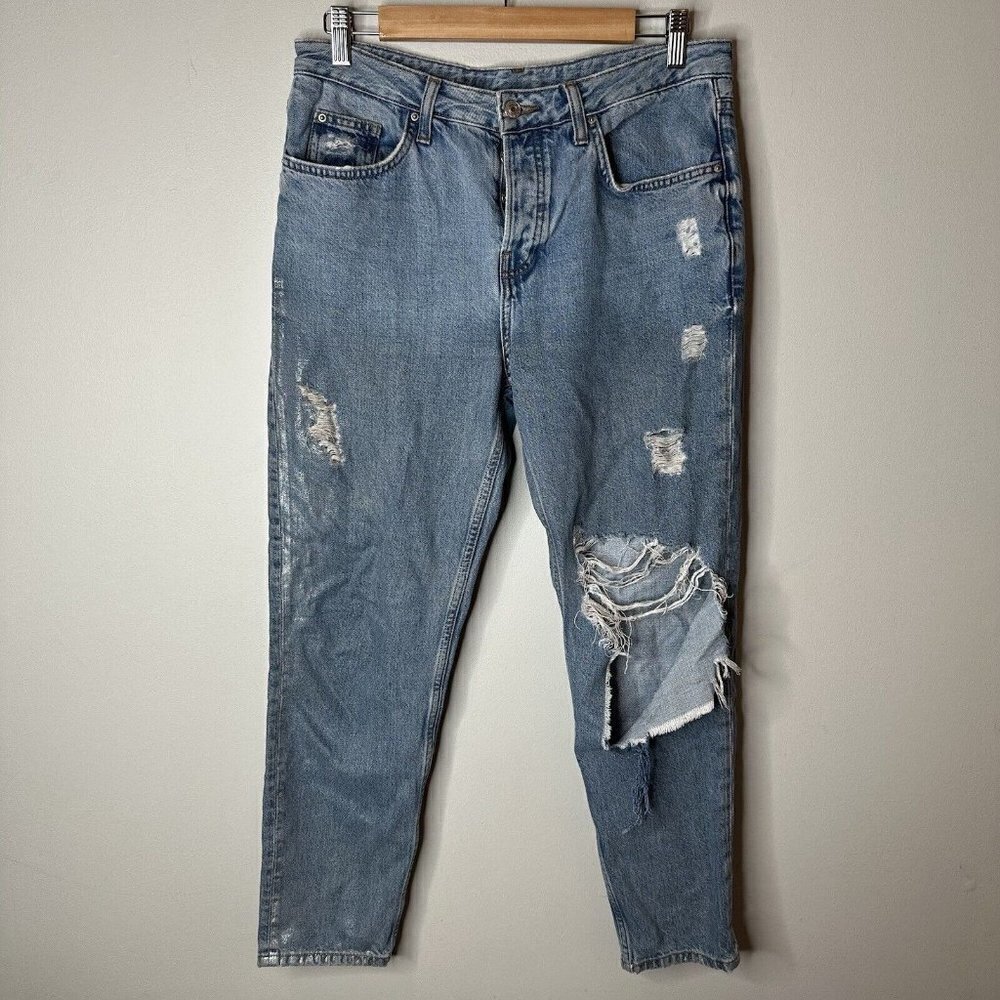 Topshop Moto Distressed Button Fly Denim Blue Jeans W28 L32 Metallic Shiny